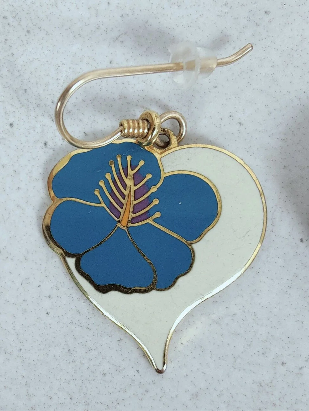 VTG 80s 90s Laurel Burch 'Hibiscus Heart' Enamel Gold Tone Dangle Earrings